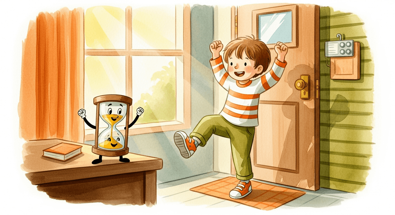 Ein Kind hüpft fröhlich durch ein sonniges Zimmer, begleitet von der Sanduhr-Figur aus Ruck Zuck!